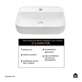 Cuba de Apoio Sem Válvula para Banheiro Retangular Louça Cerâmica Clorita Pingoo.casa - Branco