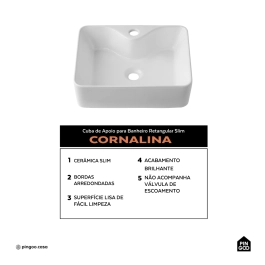 Cuba de Apoio sem válvula para Banheiro Retangular Louça Cerâmica Cornalina Pingoo.casa - Branco