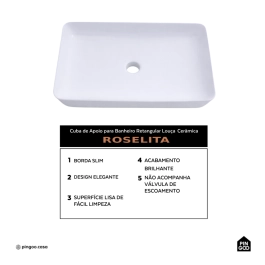 Cuba de Apoio Sem Válvula para Banheiro Retangular Louça Cerâmica Roselita Pingoo.casa - Branco