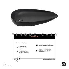 Cuba de Apoio Slim para Banheiro Louça Cerâmica Gota - Preto Fosco
