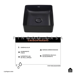 Cuba de Apoio Slim Quadrada para Banheiro Louça Cerâmica 31,5x31cm Crisoprásio Preto Fosco Cuba de Apoio Slim Quadrada para Banheiro Louça Cerâmica 31,5x31cm Crisoprásio Preto Fosco