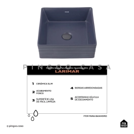 Cuba de Apoio Slim Quadrada para Banheiro Louça Cerâmica 38x37,5cm Larimar Cinza Fosco