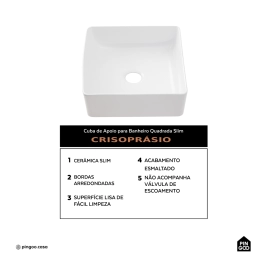 Cuba de Apoio Slim Quadrada sem Válvula para Banheiro Louça Cerâmica 31x31,5cm Crisoprásio Pingoo.casa - Branco