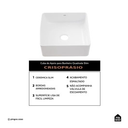 Cuba de Apoio Slim Quadrada sem Válvula para Banheiro Louça Cerâmica 31x31,5cm Crisoprásio Pingoo.casa - Branco