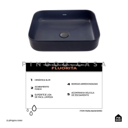 Cuba de Apoio Slim Retangular para Banheiro Louça Cerâmica 50,5x39,5cm Fluorita Cinza Fosco