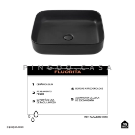 Cuba de Apoio Slim Retangular para Banheiro Louça Cerâmica 50,5x39,5cm Fluorita Preto Fosco
