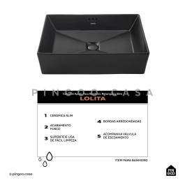 Cuba de Apoio Slim Retangular para Banheiro Louça Cerâmica 60x37,5cm Lolita Preto Fosco