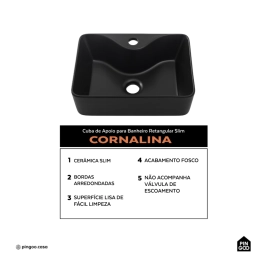 Cuba de Apoio Slim Retangular Sem Válvula para Banheiro Louça Cerâmica 40x30cm Cornalina Pingoo.casa - Preto Fosco