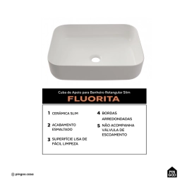 Cuba de Apoio Slim Retangular Sem Válvula para Banheiro Louça Cerâmica 50,5x39,5cm Fluorita Pingoo.casa - Branco