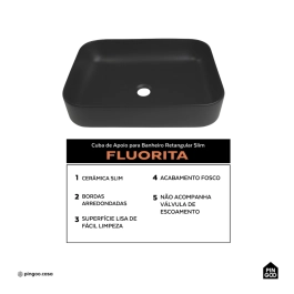 Cuba de Apoio Slim Retangular Sem Válvula para Banheiro Louça Cerâmica 50,5x39,5cm Fluorita Pingoo.casa - Preto Fosco