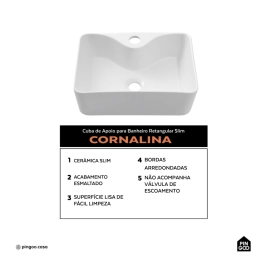 Cuba de Apoio Slim Retangular Sem Válvula para Banheiro Louça Cerâmica 40x30cm Cornalina Pingoo.casa - Branco