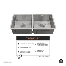 Cuba Dupla Gourmet para Cozinha Aço Inox 304 86x44cm Tukano Prata