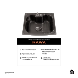 Cuba Gourmet para Cozinha Aço Inox 201 50x40cm Nawa Preto