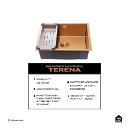 Cuba Gourmet para Cozinha Aço Inox 304 58x45cm Terena Dourado