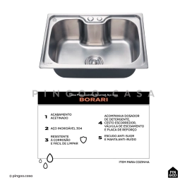Cuba Gourmet para Cozinha Aço Inox 304 60x42cm Borari Prata