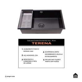 Cuba Gourmet para Cozinha Aço Inox 304 74x44cm Terena Preto