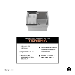 Cuba Gourmet para Cozinha Aço Inox 304 44x44cm Terena Prata