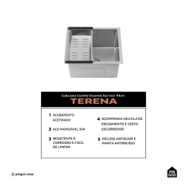 Cuba Gourmet para Cozinha Aço Inox 304 44x44cm Terena Prata