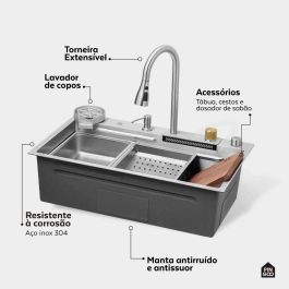 Cuba Gourmet para Cozinha com Acessórios Workstation e Torneira Maranguá Pingoo.casa - Prata