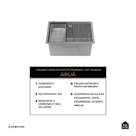 Cuba Gourmet para Cozinha com Acessórios Aço Inox 304 58x48cm Workstation Aruá Prata