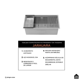 Cuba Gourmet para Cozinha com Acessórios Aço Inox 304 76x45cm Workstation Jarauara Prata