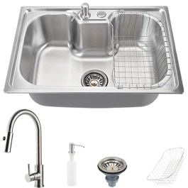 Cuba para Cozinha Inox Com Acessórios Carajás E Torneira Monocomando Extensível Muru Pingoo.casa - Prata Escovado