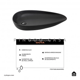 Cuba de Apoio Slim para Banheiro Louça Cerâmica 76,5x42,5cm Gota Preto Fosco