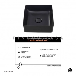 Cuba de Apoio Slim Quadrada para Banheiro Louça Cerâmica 31,5x31cm Crisoprásio Preto Fosco