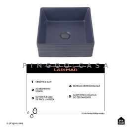 Cuba de Apoio Slim Quadrada para Banheiro Louça Cerâmica 38x37,5cm Larimar Cinza Fosco