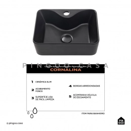 Cuba de Apoio Slim Retangular para Banheiro Louça Cerâmica 40x30cm Cornalina Preto Fosco