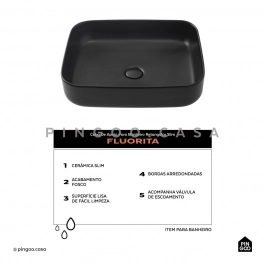 Cuba de Apoio Slim Retangular para Banheiro Louça Cerâmica 50,5x39,5cm Fluorita Preto Fosco