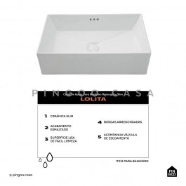 Cuba de Apoio Slim Retangular para Banheiro Louça Cerâmica 60x37,5cm Lolita Branco