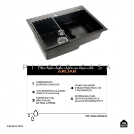 Cuba Gourmet para Cozinha com Escorredor Quartzo 68x46cm Aruak Preto