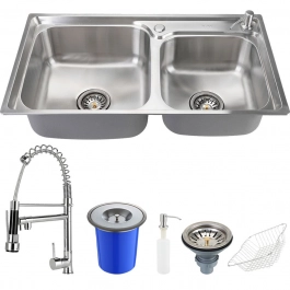 Kit Cuba Dupla Gourmet para Cozinha com Acessórios e Lixeira Aço Inox 201 78x43cm Potiguara e Torneira Misturador Monocomando Munim Prata