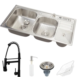 Cuba para Cozinha Pia Dupla em Aço Inox com Acessórios com Lixeira Nukini e Torneira Gourmet Munim Preta Pingoo.casa