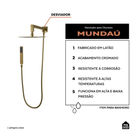 Desviador Para Chuveiro Mundaú Pingoo.Casa - Dourado