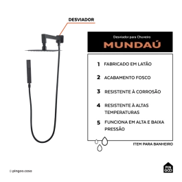 Desviador Para Chuveiro Mundaú Pingoo.Casa - Preto Fosco