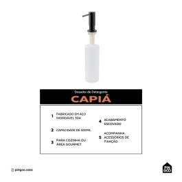 Dosador de Detergente Capiá 500ml Aço Inox 304 Pingoo.casa - Preto Dosador de Detergente Capiá 500ml Aço Inox 304 Pingoo.casa - Preto