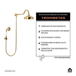 Ducha Chuveiro Redondo de Parede com desviador Trombetas Dourado