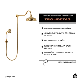 Ducha Chuveiro Redondo de Parede com desviador Trombetas Dourado