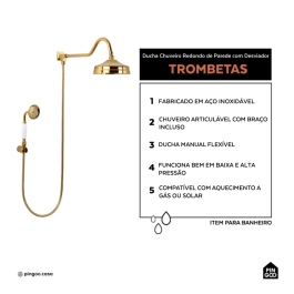 Ducha Chuveiro Redondo de Parede com desviador Trombetas Dourado