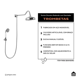 Ducha Chuveiro Redondo de Parede com desviador Trombetas Prata