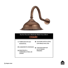 Ducha Chuveiro Redondo Retrô Inox 20cm Coari Pingoo.casa - Dourado Rose