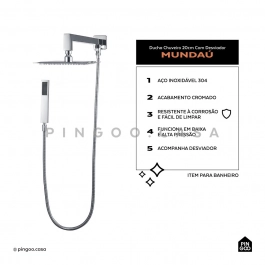 Ducha Chuveiro 20Cm Com desviador Aço Inox 304 Mundaú Prata