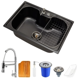 Cuba para Cozinha Pia Inox Com Acessórios Tábua e Lixeira Carajás Preta e Torneira Gourmet Monocomando Munim Pingoo.casa