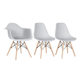 Kit 1 cadeiras Charles Eames DAW com braços + 2 cadeiras Eiffel DSW - Cinza Claro