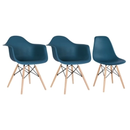 Kit 2 cadeiras Eames Daw com braços + 1 cadeira Eiffel Dsw - Azul petróleo