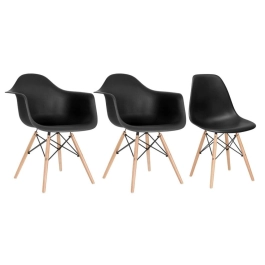 Kit 2 cadeiras Eames DAW com braços + 1 cadeira Eiffel DSW - Preto