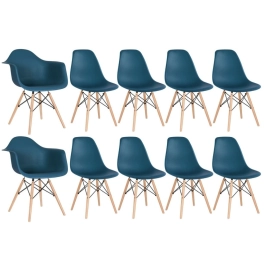 Kit 2 cadeiras Eames Daw com braços + 8 cadeiras Eiffel Dsw - Azul petróleo