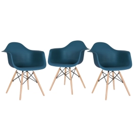 Kit 3 Cadeiras de jantar Charles Eames  Eiffel DAW em Polipropileno - Azul petróleo